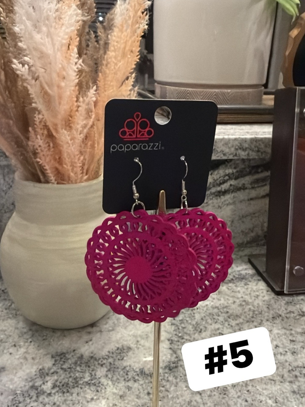 Paparazzi Fuchsia Lace Heart Drop Earrings - Women Accessories